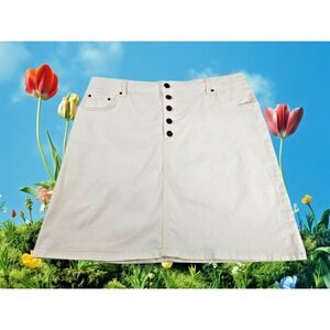 Women's 14 Boden Denim White Blue Jean Stretch‎ A-Line Button Summer Skirt EUC